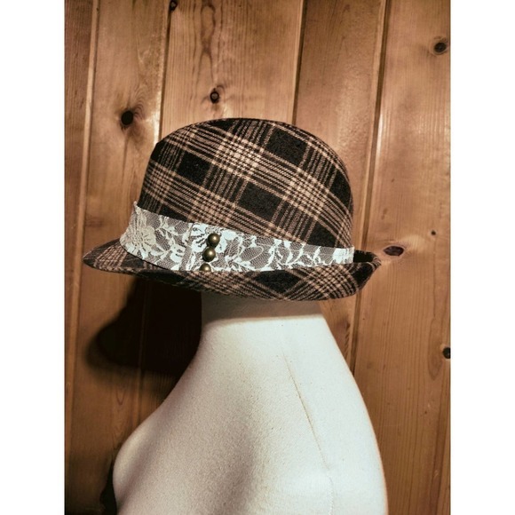 Brown plaid wool blend fedora hat - Picture 1 of 7